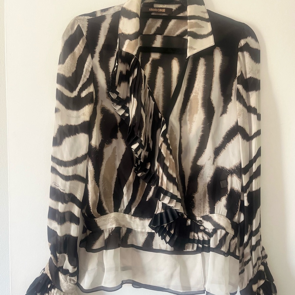 Roberto Cavalli Black and Cream Animal Print Blouse